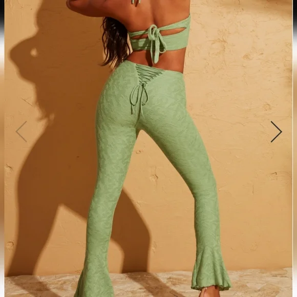 Oh Polly Zuni Lace Up Back Petite Trousers in Green - Picture 1 of 7